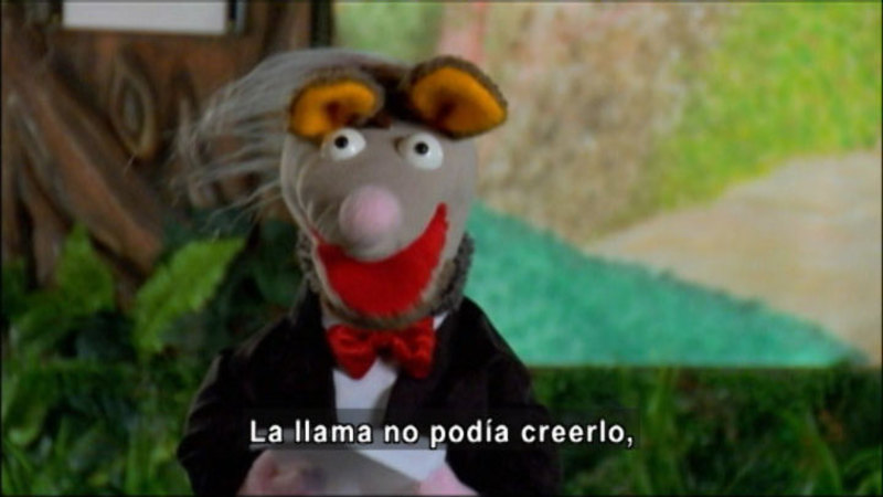 Animal puppet speaking. Spanish captions.