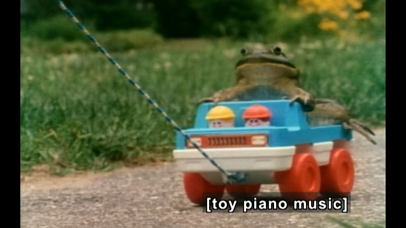 A frog riding on a toy truck being pulled on a string. Caption: [toy piano music]