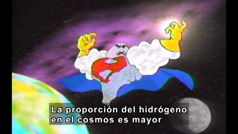Cartoon of a superhero flying above Earth. Spanish captions.