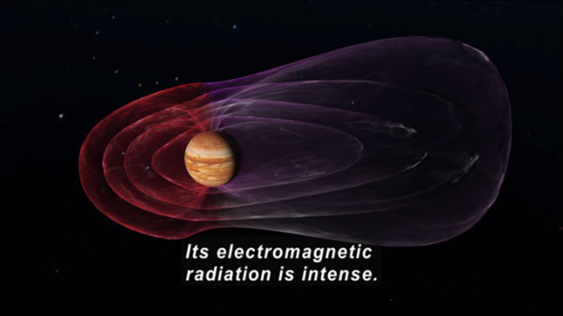 Illustration of Jupiter's radiation. Caption: Its electromagnetic radiation is intense. 