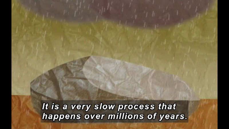Illustration of rain falling on a rock. Caption: It is a very slow process that happens over millions of years.