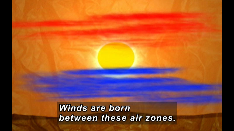 Illustration of cold air near the ground and warm air at higher elevation. Caption: Winds are born between these air zones.