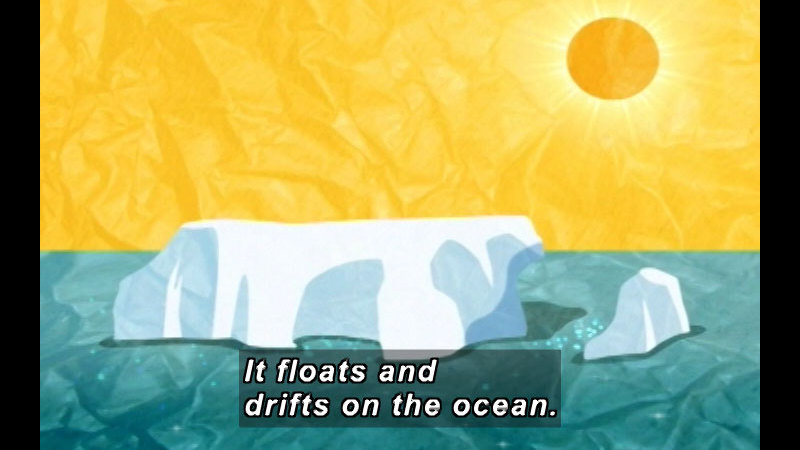 Illustration of a large chunk of ice floating in the water. Caption: It floats and drifts on the ocean.