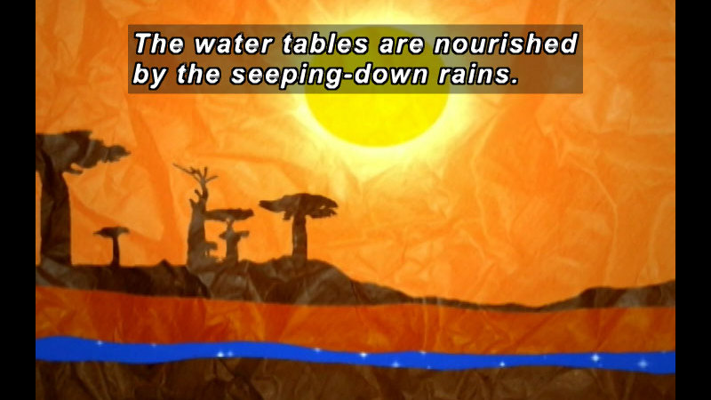 Illustration of a pocket of water below the earth's surface. Caption: The water tables are nourished by the seeping-down rains.