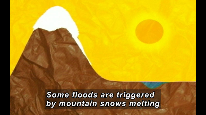 Illustration of a mountain with snow on the peak starting to melt down one side of the mountain. Caption: Some floods are triggered by mountain snows melting