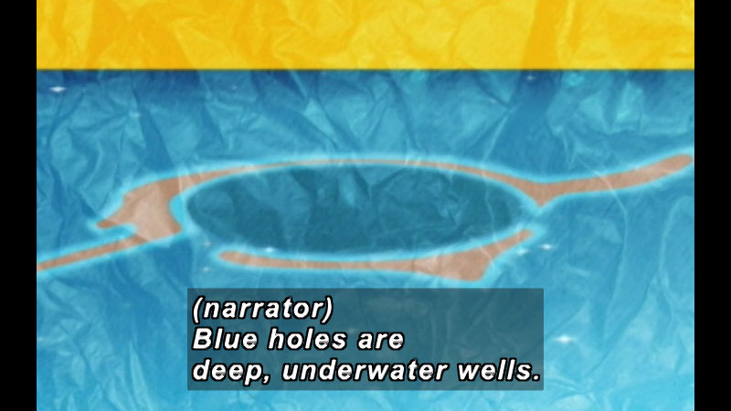 Illustration of water with a circular shape outlined beneath the surface. Caption: (narrator) Blue holes are deep, underwater wells.