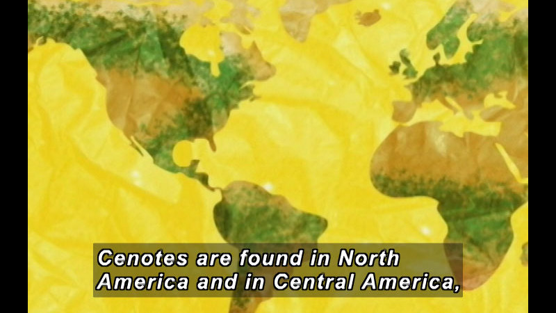 Illustration of a map of the world. Caption: Cenotes are found in North America and Central America,