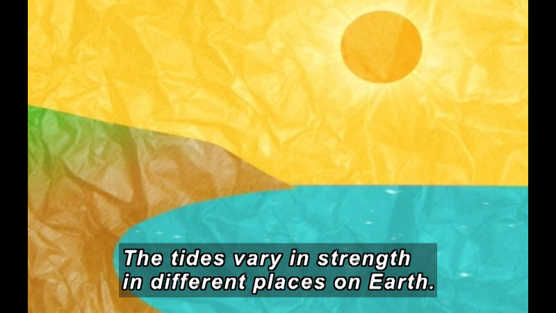 Illustration of water against a curved shoreline. Caption: The tides vary in strength in different places on Earth.