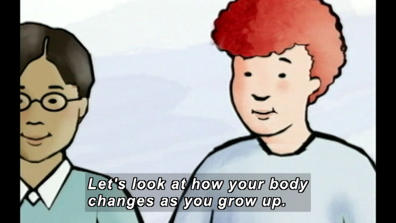 Illustration of the head and shoulders of two boys. Caption: Let's look at how your body changes as you grow up.