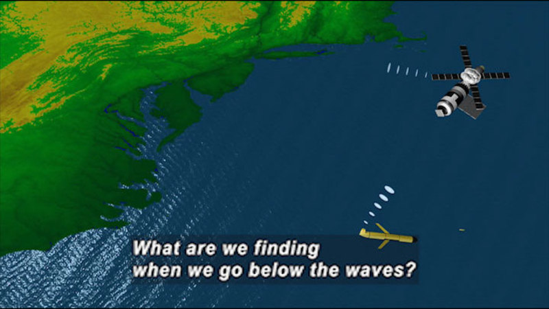 Illustration of the northeast coast of North America and a yellow cylindrical sub with fins sending and receiving signals from an orbiting satellite. Caption: What are we finding when we go below the waves?
