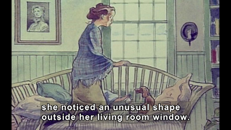 Illustration of a woman kneeling on her couch to look out the window. Caption: she noticed an unusual shape outside her living room window.