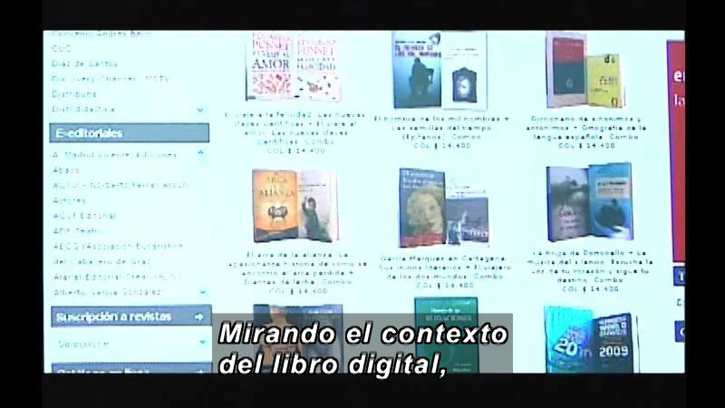 Computer screen showing several book covers with information about the books. Spanish captions.