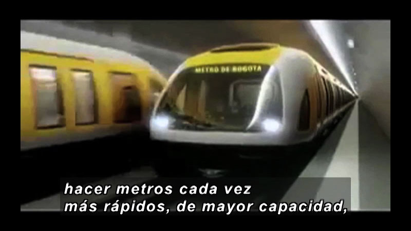 Modern bullet trains passing each other on the tracks. Spanish captions.