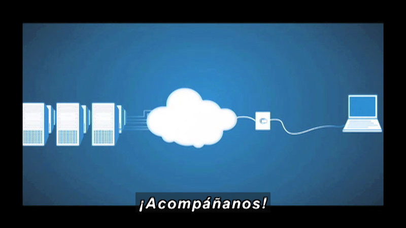 Diagram showing a single computer connected to a cloud which is then connected to a large group of computers. Spanish captions.