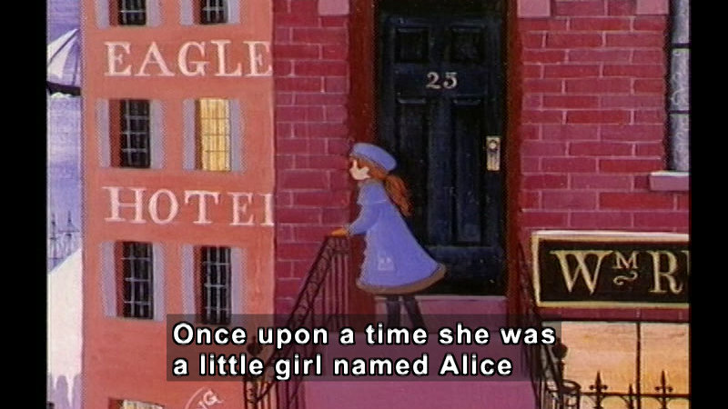 Illustration of a girl looking over a wrought iron handrail out onto a cityscape. Caption: Once upon a time she was a little girl named Alice