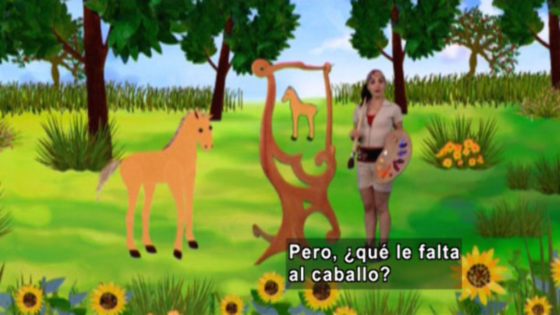 A woman with a paintbrush and a pallet. On her canvas and around her are illustrated horses. Spanish captions.