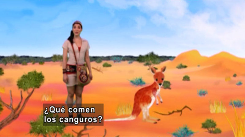 A woman in front of an illustrated backdrop with a kangaroo. Spanish captions.