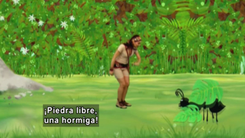 Illustration of a large ant with two green leaves over it and a person standing in front of it. Spanish captions.