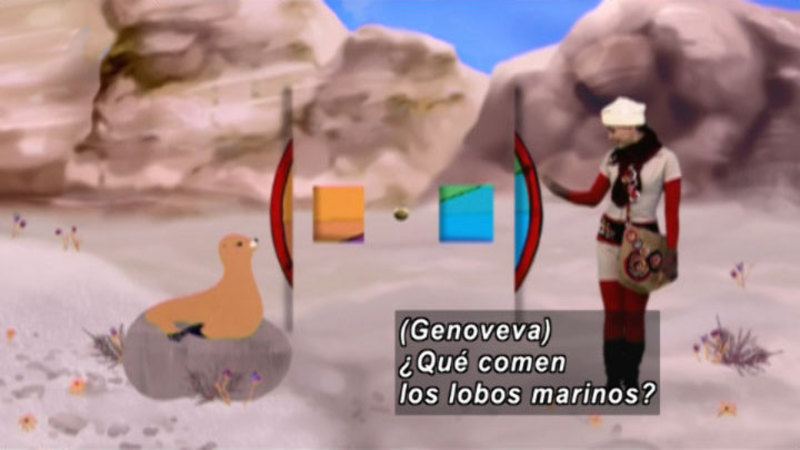 A woman against an illustrated background with a sea lion. Spanish captions.