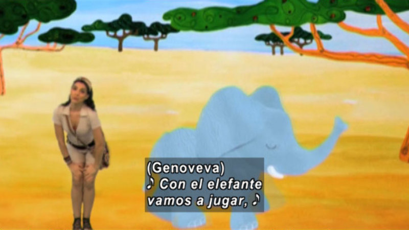 A woman against an illustrated backdrop with an elephant. Spanish captions.