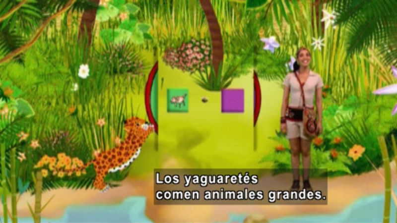 A woman in front of an illustrated backdrop with a jaguar. Spanish captions.