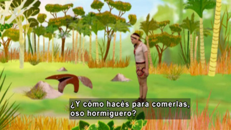 Illustration of an anteater at an ant mound with a person standing behind it. Spanish captions.