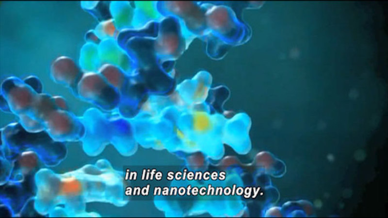 Illustration of interlinked structures. Caption: in life sciences and nanotechnology.