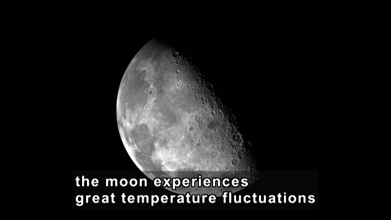 Close view of the moon partially illuminated. Caption: the moon experiences great temperature fluctuations