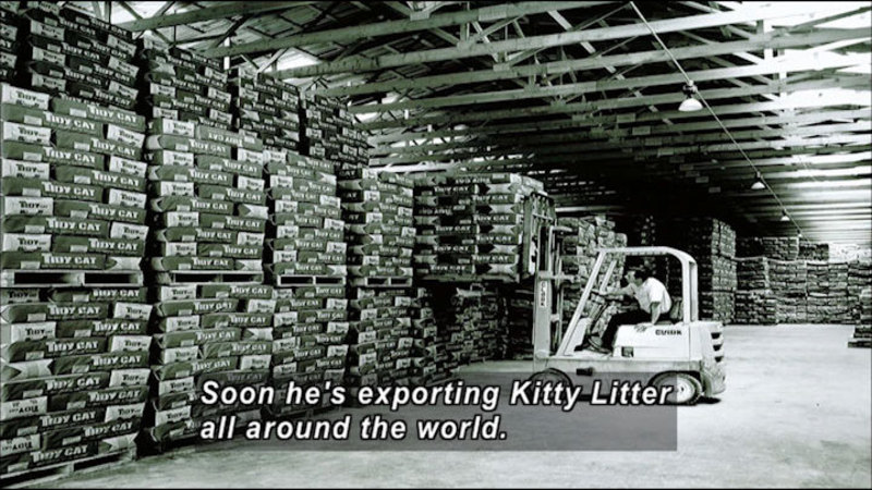 Forklift with a pallet carrying bags of Tidy Cat in a warehouse full of similar pallets. Caption: Soon he's exporting Kitty Litter all around the world.