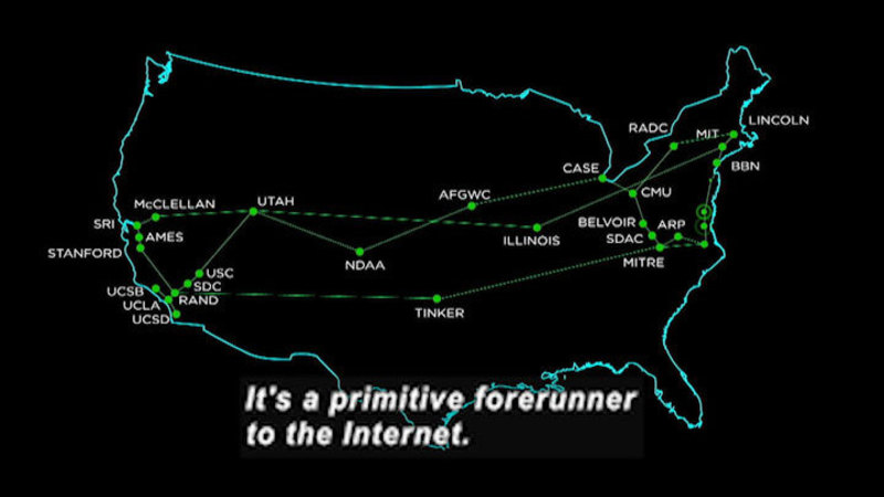 Map of the United States with locations highlighted on the east and west coasts as well as the area directly between. Caption: It's a primitive forerunner to the Internet.