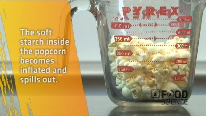 Measuring cup with 350ml of popcorn. The soft starch inside the popcorn becomes inflated and spills out.