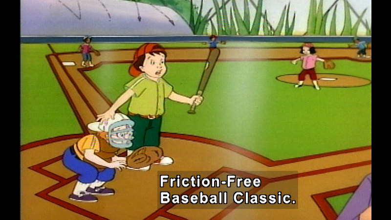 Cartoon of people on a baseball field. Caption: Friction-Free Baseball Classic.