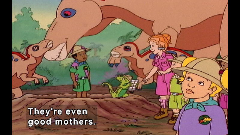 Cartoon characters in prehistoric times standing among large dinosaurs. Caption: They're even good mothers.