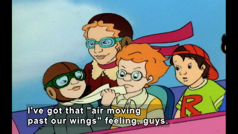 Students and teacher from the magic school bus in an open cockpit airplane. Caption: I've got that "air moving past our wings" feeling, guys.