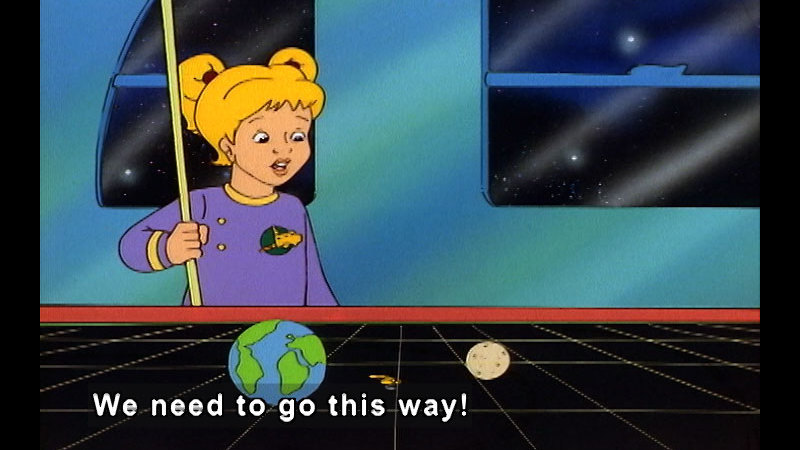 Student from the magic school bus standing in front of a model of the Earth and moon with a miniature school bus traveling between them. Caption: We need to go this way!