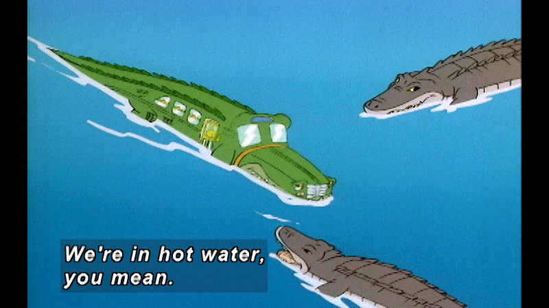 Magic school bus in alligator form in the water with two live alligators. Caption: We're in hot water, you mean.