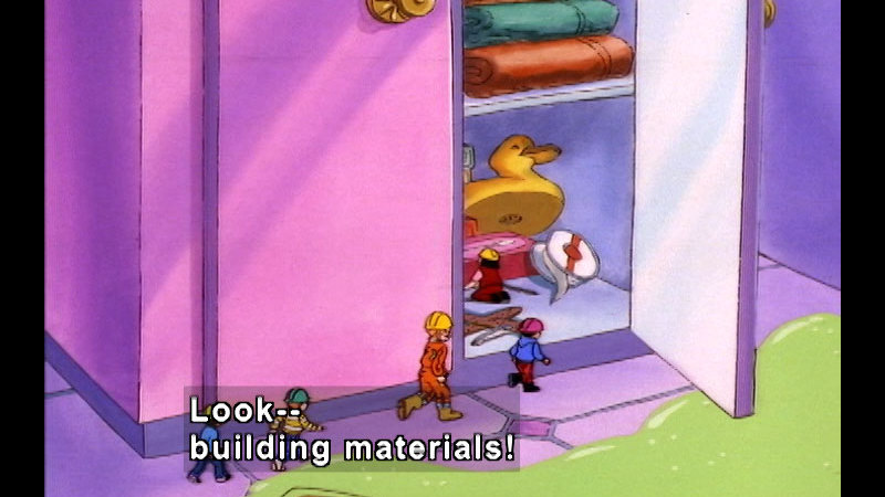 Students from the magic school bus shrunk to small size, climbing into an open cabinet. Caption: Look -- building materials!