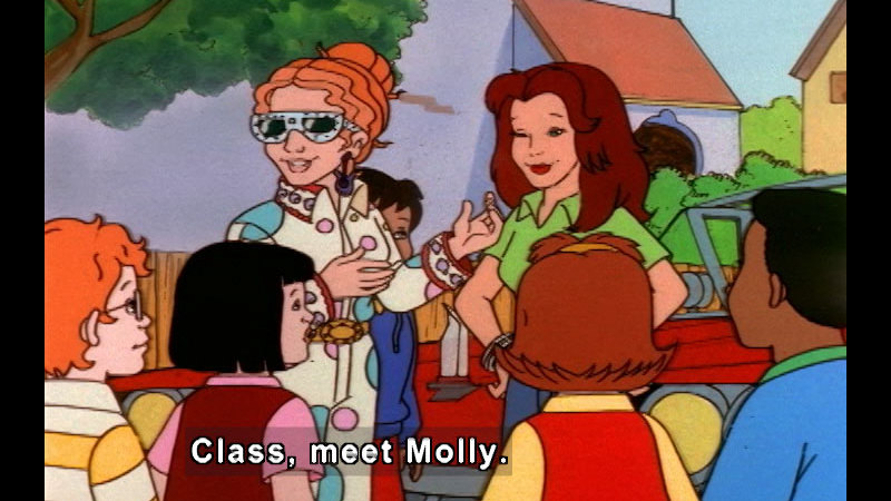 Teacher and students from the magic school bus standing next to another character. Caption: Class, meet Molly.