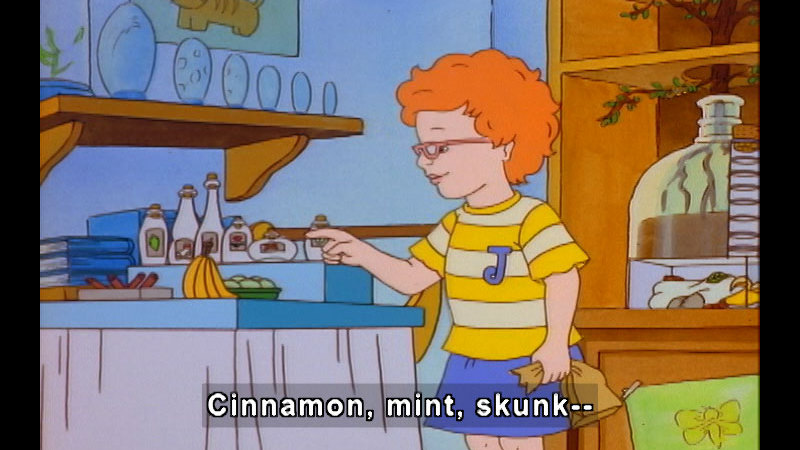 Cartoon of a person pointing at glass containers with corks. Caption: Cinnamon, mint, skunk--