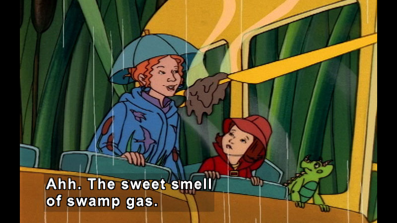 People on the magic school bus wearing rain hats. Caption: Ahh. The sweet smell of swamp gas.