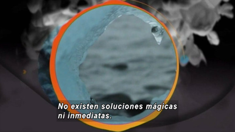 Closeup of melting ice. Spanish captions.