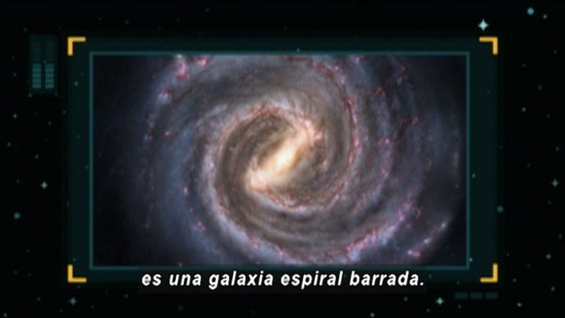 A spiral galaxy with glowing lights throughout the arms of the spiral and a bright glowing light at the center. Spanish captions.