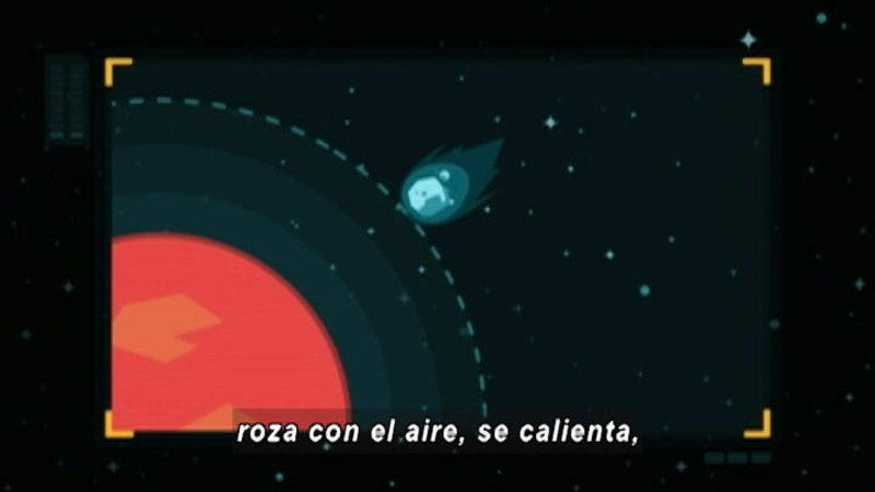 Cartoon of a rocky object approaching the atmosphere of a planet. Spanish captions.