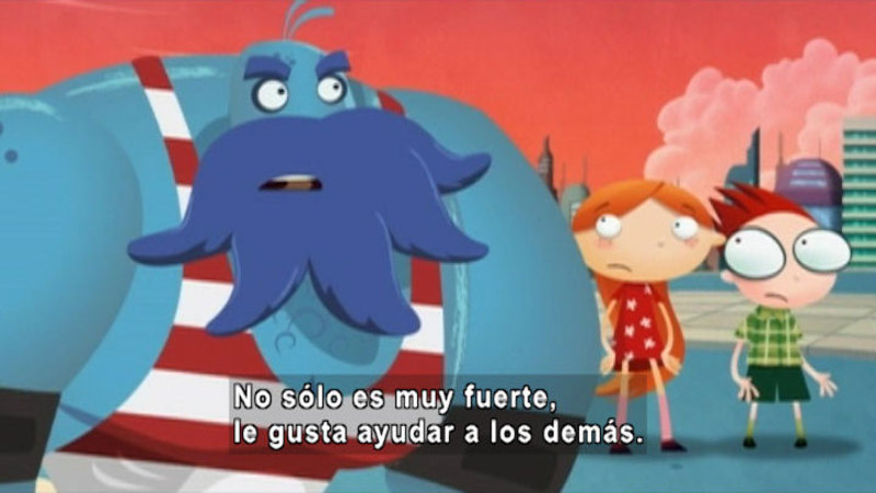 Cartoon of two people and a large alien. Spanish captions.