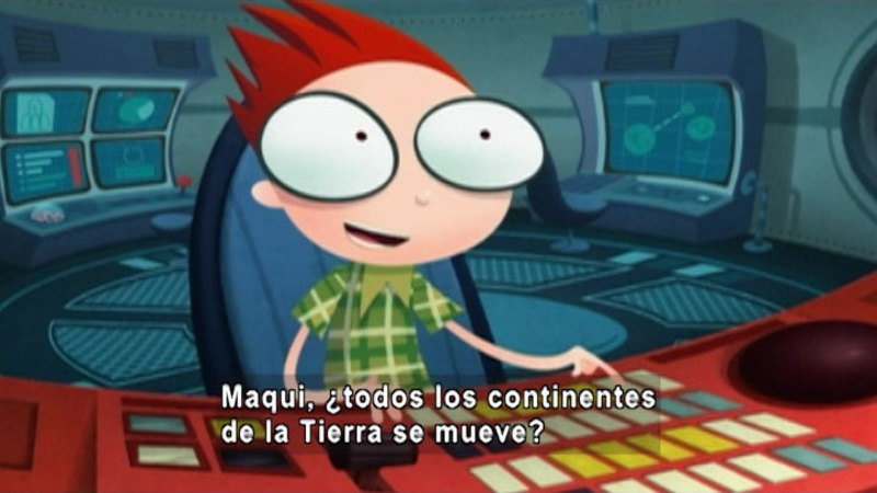 Cartoon of a person sitting at a complex control board. Spanish captions.