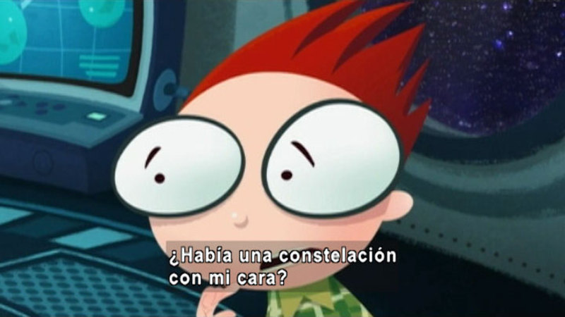 Cartoon of a person in a spaceship with space visible through a window in the ship's wall. Spanish captions.