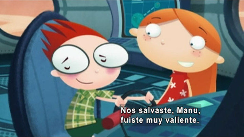 Cartoon of two people, one at the controls of a spaceship. Spanish captions.