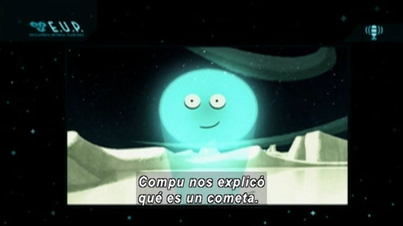 Cartoon of a face against the backdrop of the surface of a barren planet. Spanish captions.