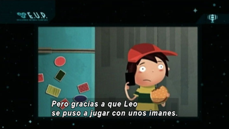 Cartoon character holding a hamburger while standing next to a refrigerator. Spanish captions.