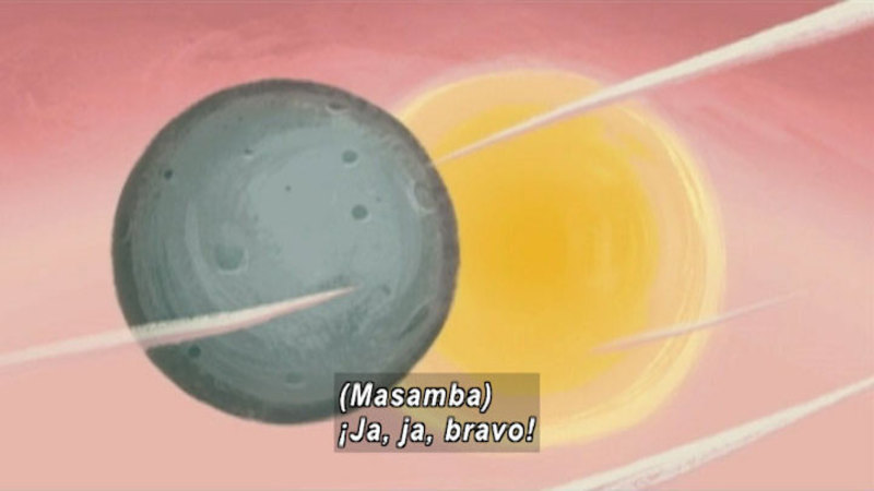 Cartoon of a planet moving in front of the sun. Spanish captions.